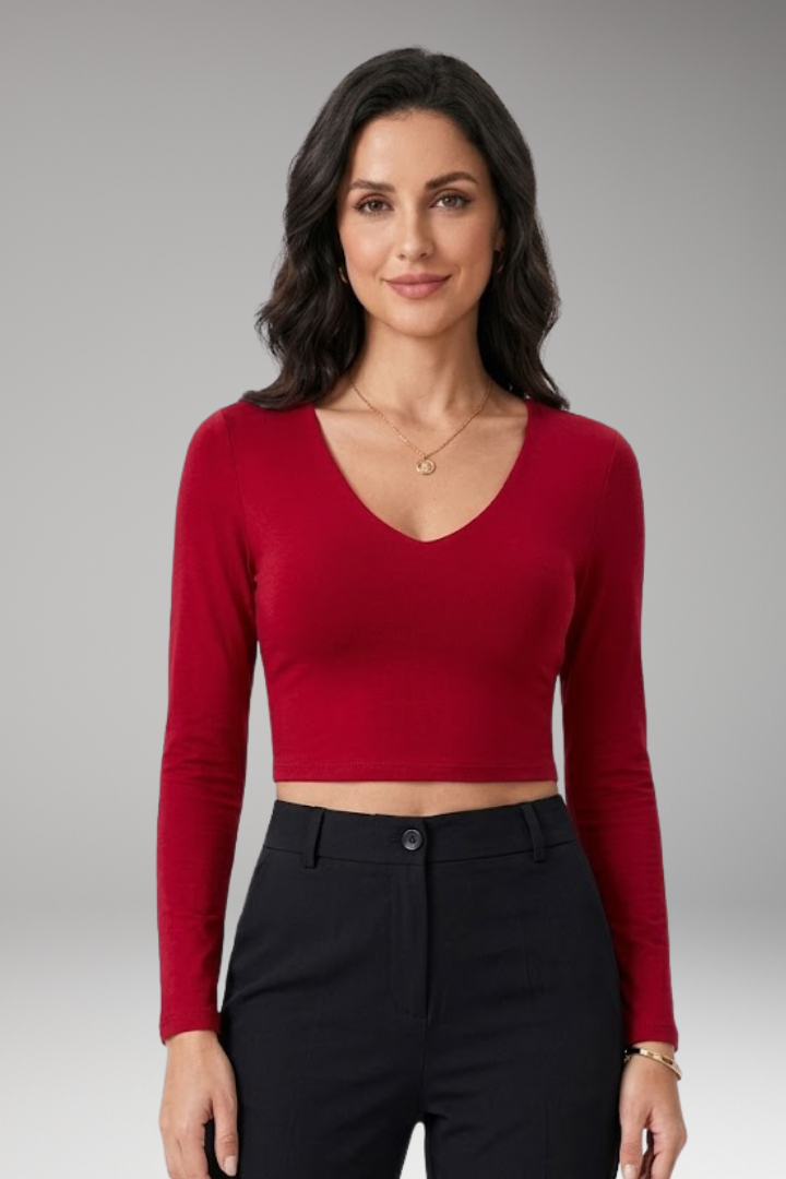 Women's Crop Top with V Neck and Long Sleeves