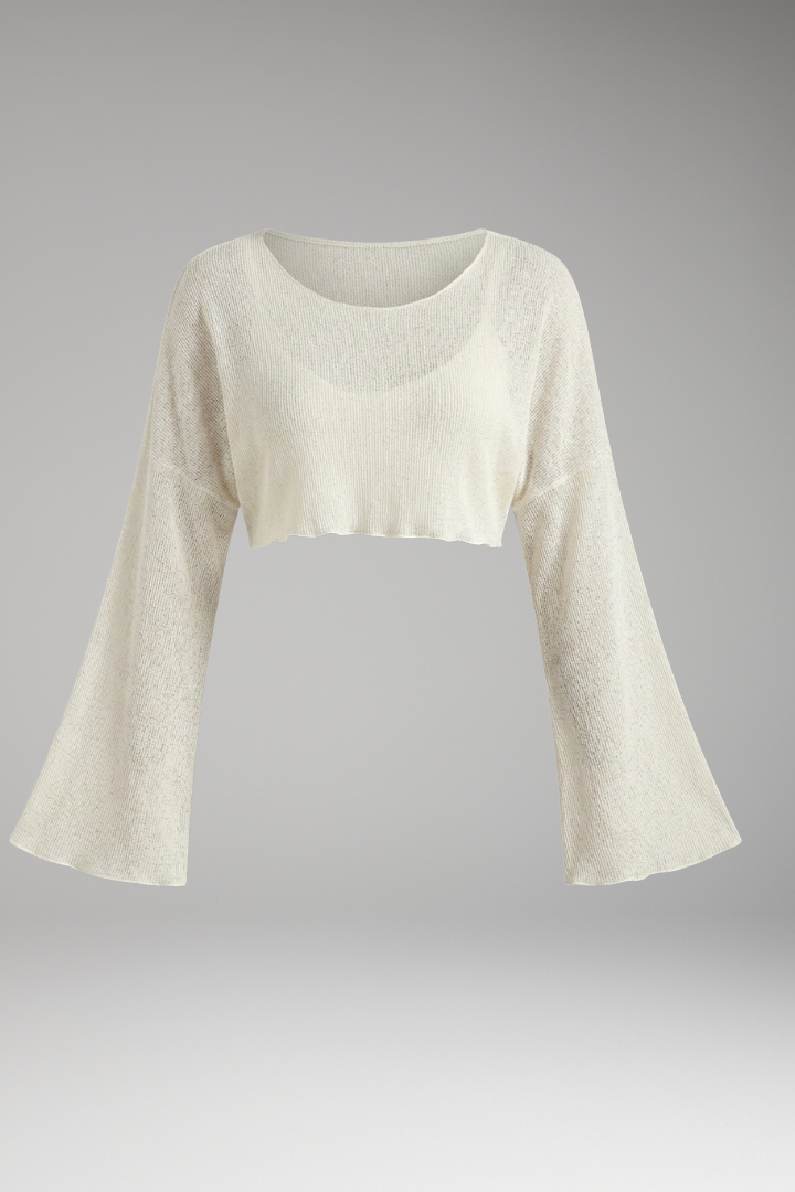 Women's Crop Top with Wide Sleeves and Ribbed Texture