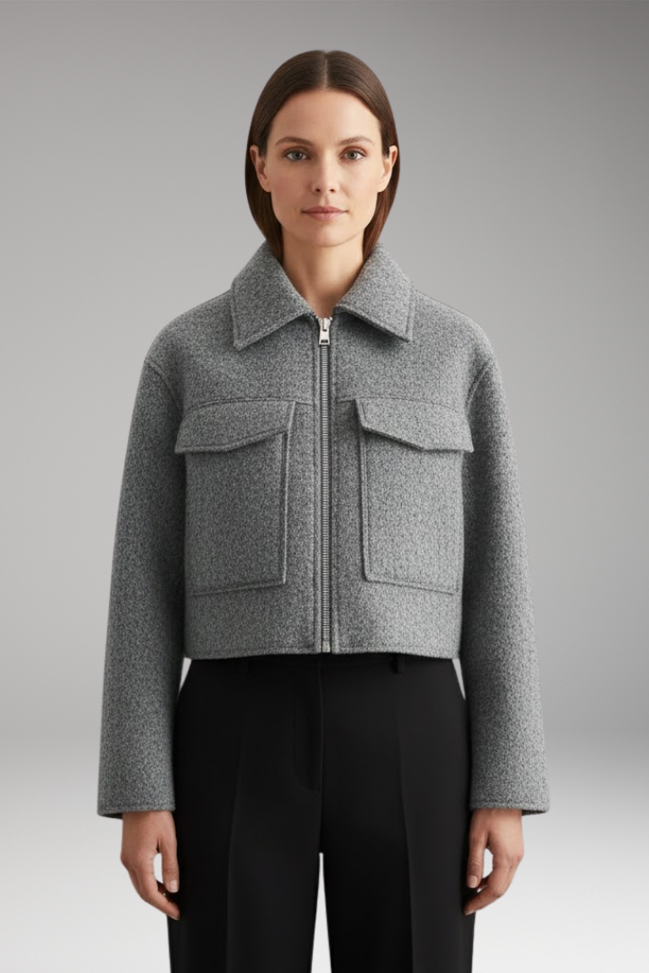 Women's Cropped Bomber Jacket with Lapel Collar and Side Pockets