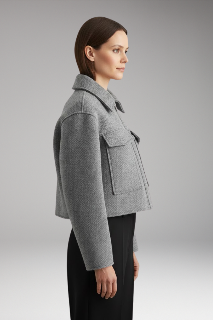 Women's Cropped Bomber Jacket with Lapel Collar and Side Pockets