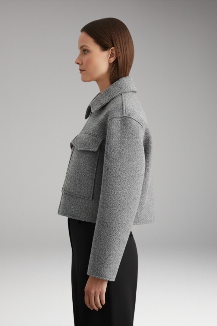 Women's Cropped Bomber Jacket with Lapel Collar and Side Pockets