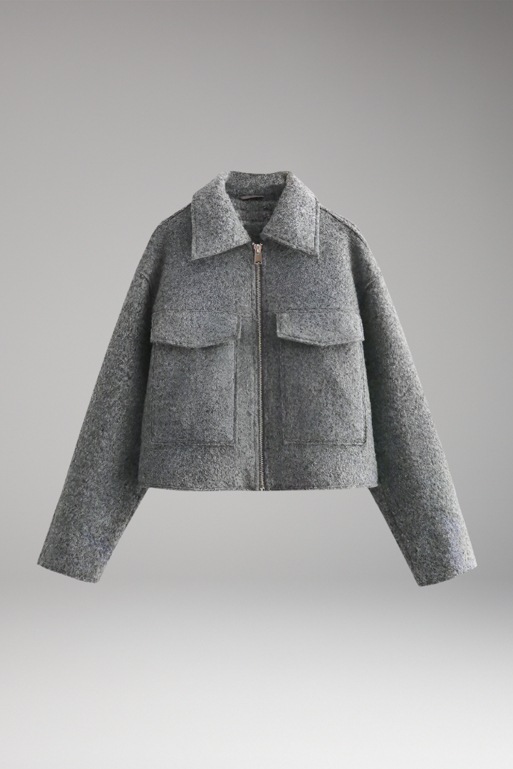 Women's Cropped Bomber Jacket with Lapel Collar and Side Pockets