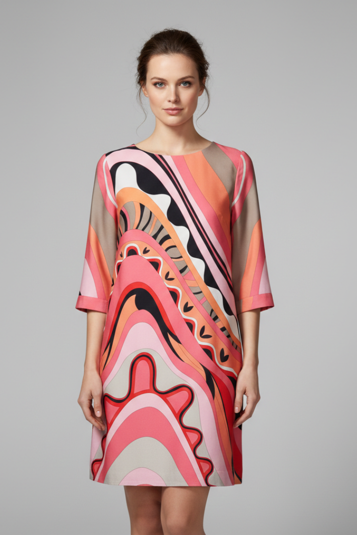 Women's Dress with Abstract Print and Long Sleeves