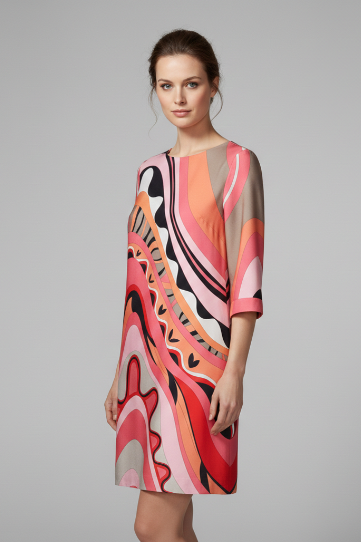 Women's Dress with Abstract Print and Long Sleeves