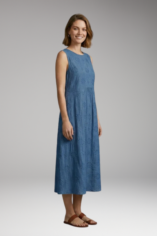Women's Dress with Floral Embroidery and Side Pockets