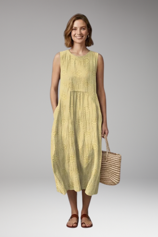 Women's Dress with Floral Embroidery and Side Pockets