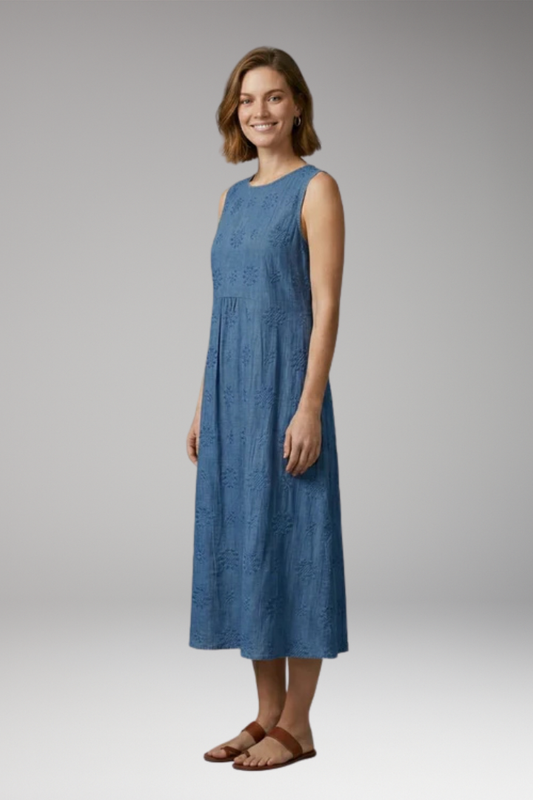 Women's Dress with Floral Embroidery and Side Pockets