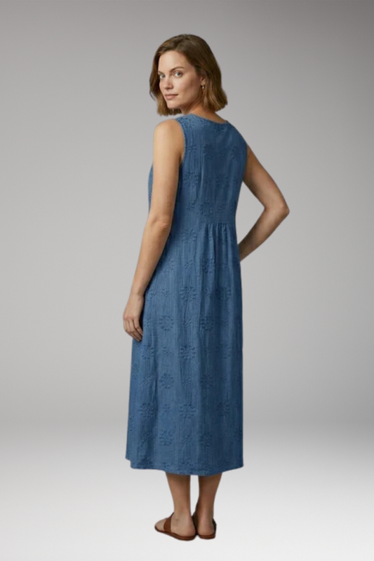 Women's Dress with Floral Embroidery and Side Pockets