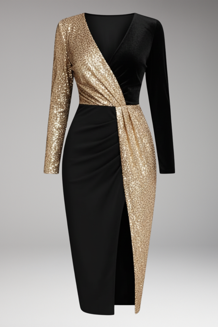 Women's Dress with Golden Glitter and Festive Design