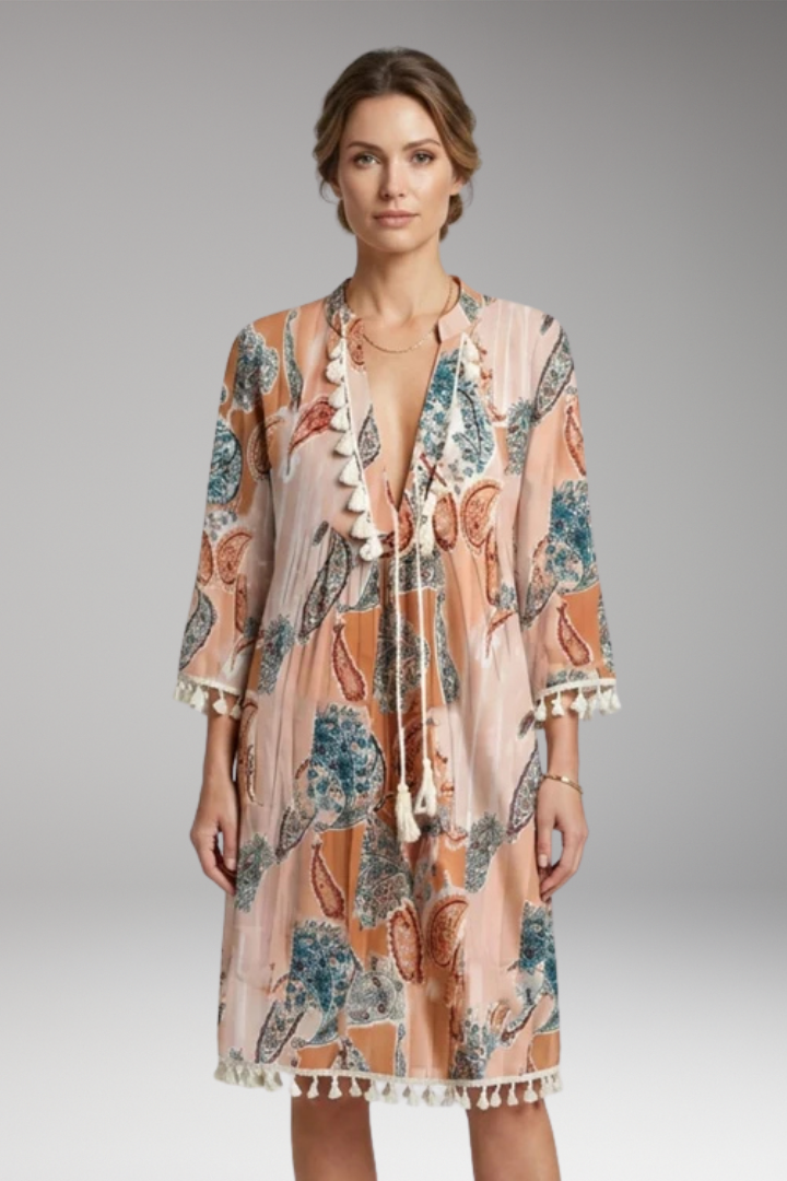 Women’s Dress with High Collar and Tie Waist