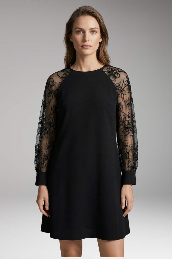 Women’s Dress with Lace Sleeves and Round Neckline
