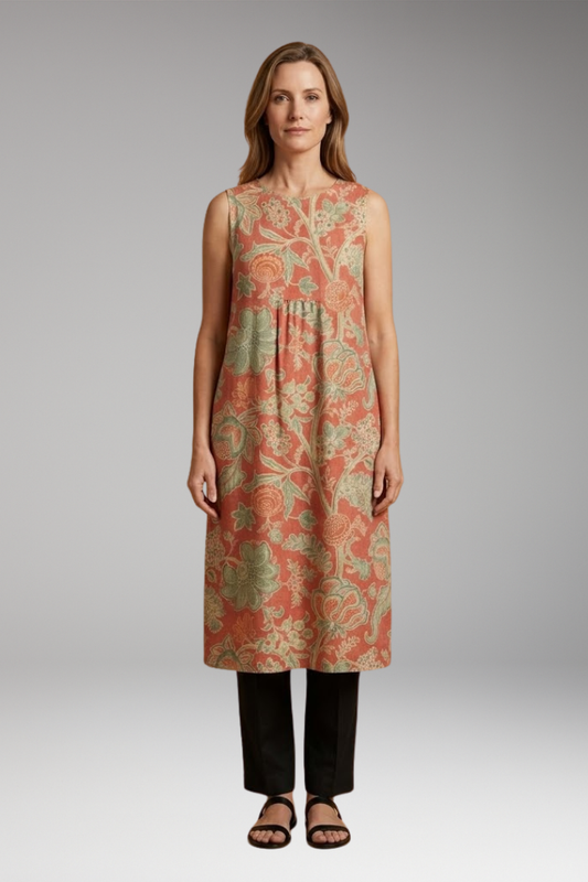 Women's Dress with Linen Blend and Sleeveless Design