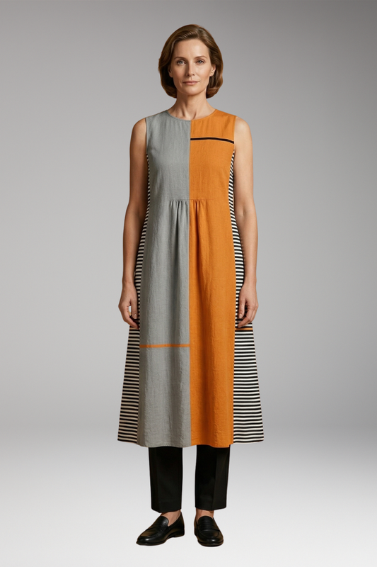 Women's Dress with Linen Blend and Sleeveless Design