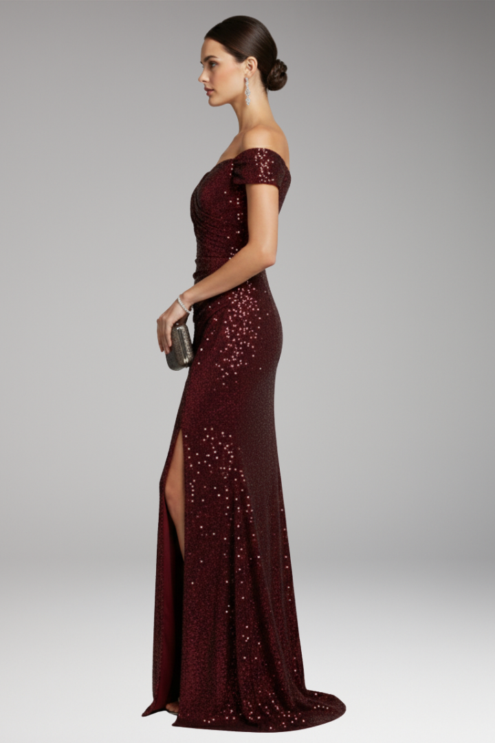 Women’s Dress with Off-Shoulder Neckline and Sequinned Surface