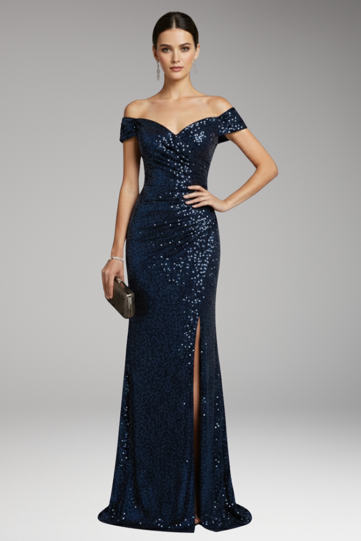 Women’s Dress with Off-Shoulder Neckline and Sequinned Surface