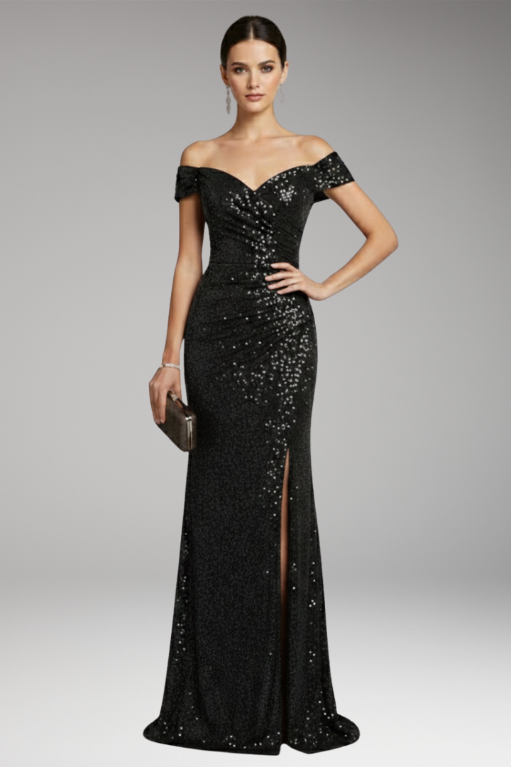 Women’s Dress with Off-Shoulder Neckline and Sequinned Surface