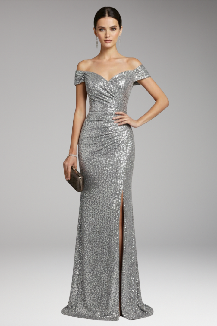 Women’s Dress with Off-Shoulder Neckline and Sequinned Surface