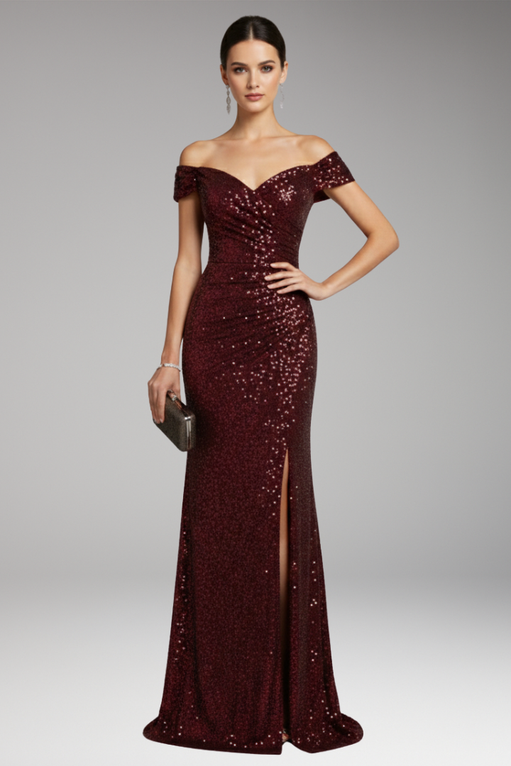 Women’s Dress with Off-Shoulder Neckline and Sequinned Surface