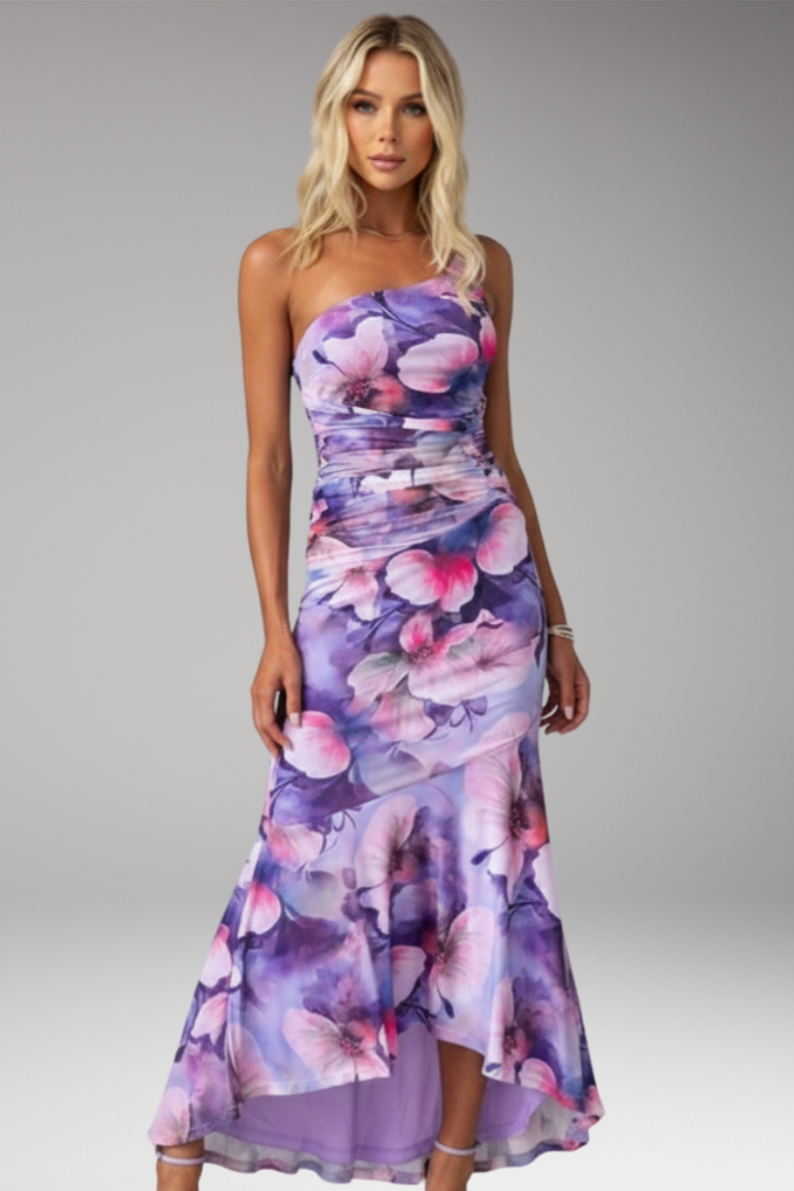 Women's Dress with One Shoulder and Floral Pattern