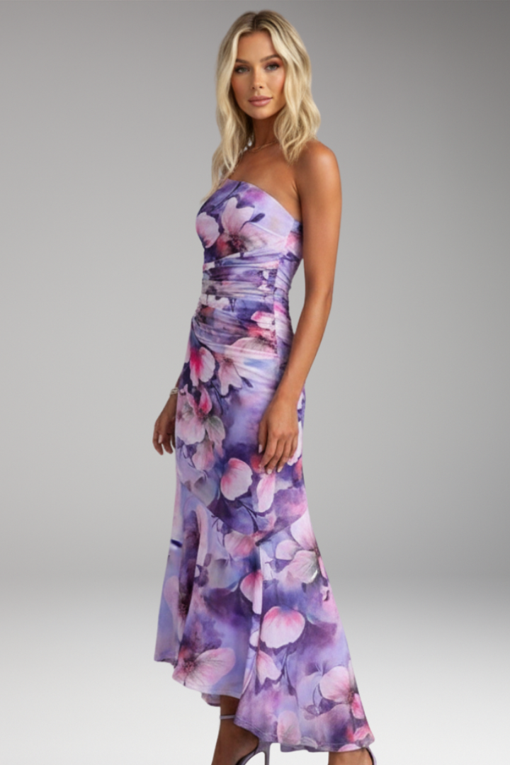 Women's Dress with One Shoulder and Floral Pattern