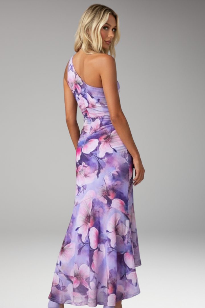 Women's Dress with One Shoulder and Floral Pattern
