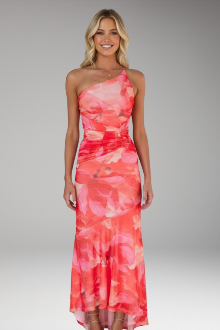 Women's Dress with One Shoulder and Floral Pattern