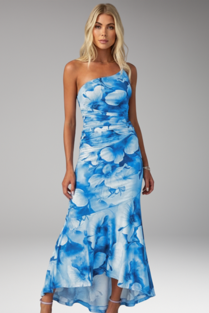 Women's Dress with One Shoulder and Floral Pattern