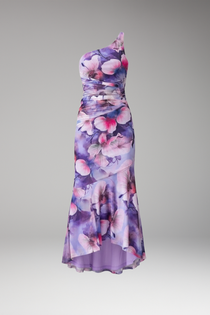 Women's Dress with One Shoulder and Floral Pattern