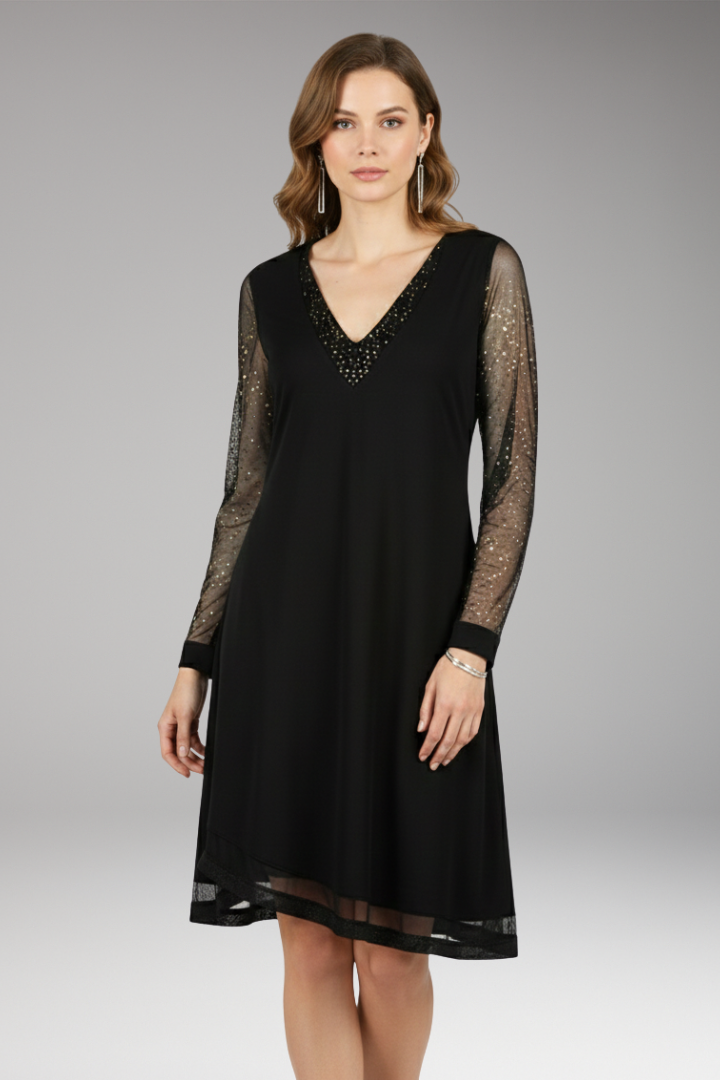 Women’s Dress with Plunging Neckline and Sequined Sleeves