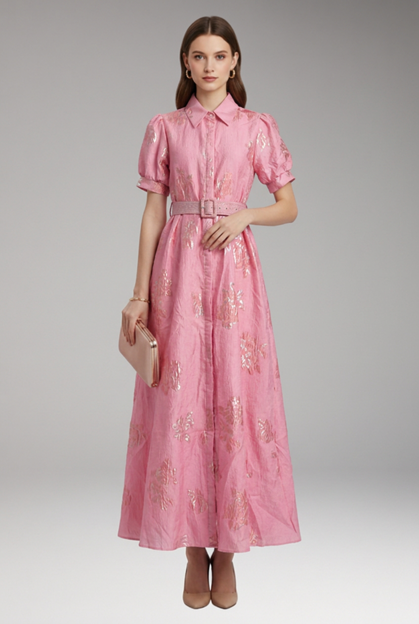 Women’s Dress with Puff Sleeves and Belted Waist