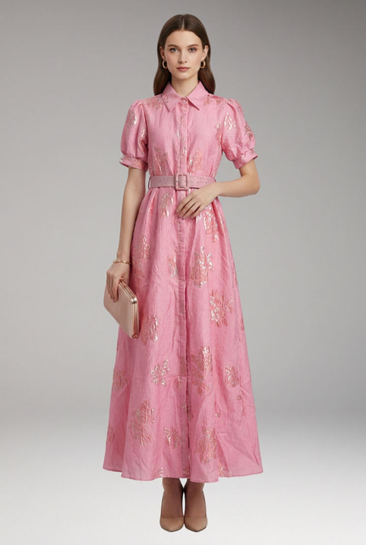 Women’s Dress with Puff Sleeves and Belted Waist