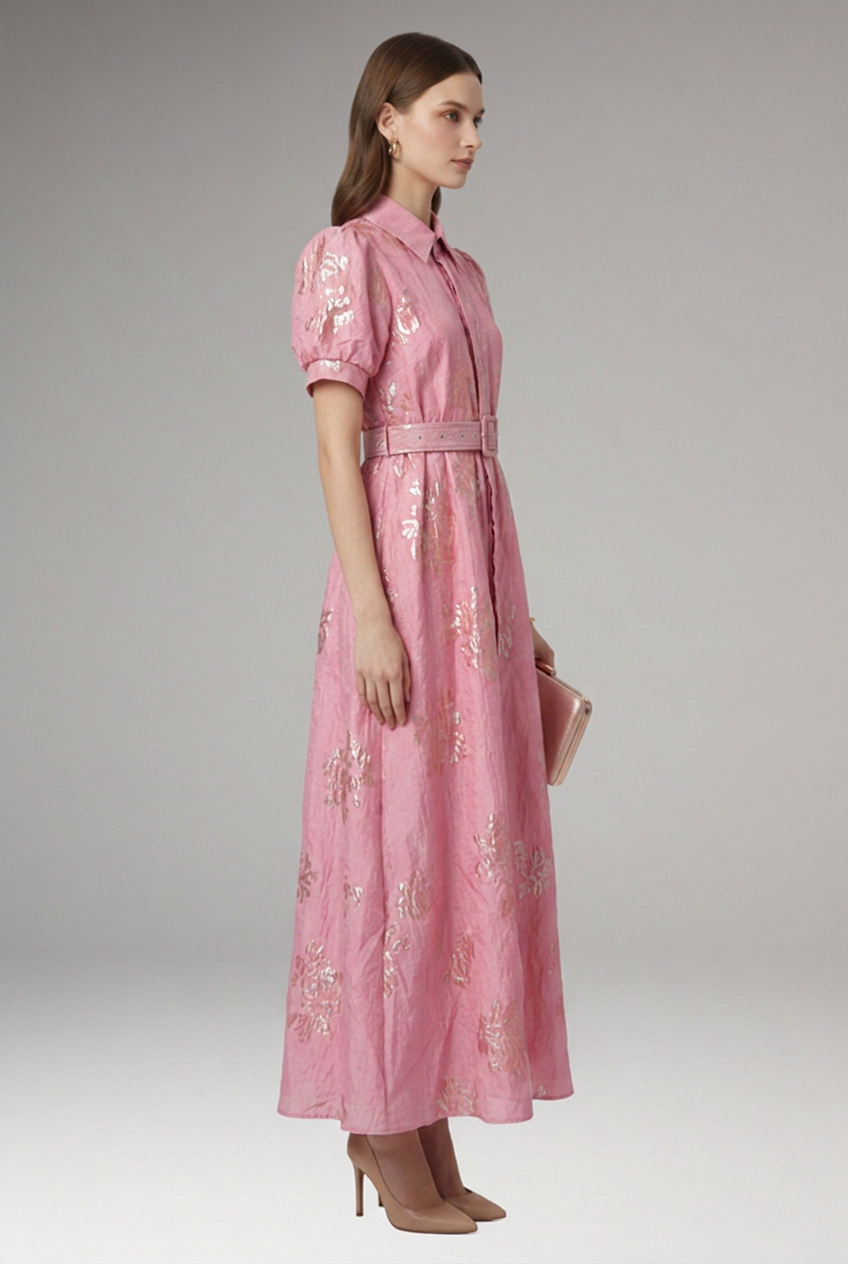 Women’s Dress with Puff Sleeves and Belted Waist