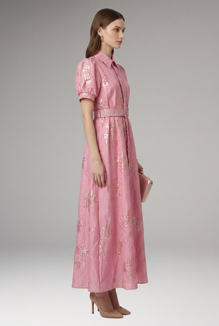 Women’s Dress with Puff Sleeves and Belted Waist