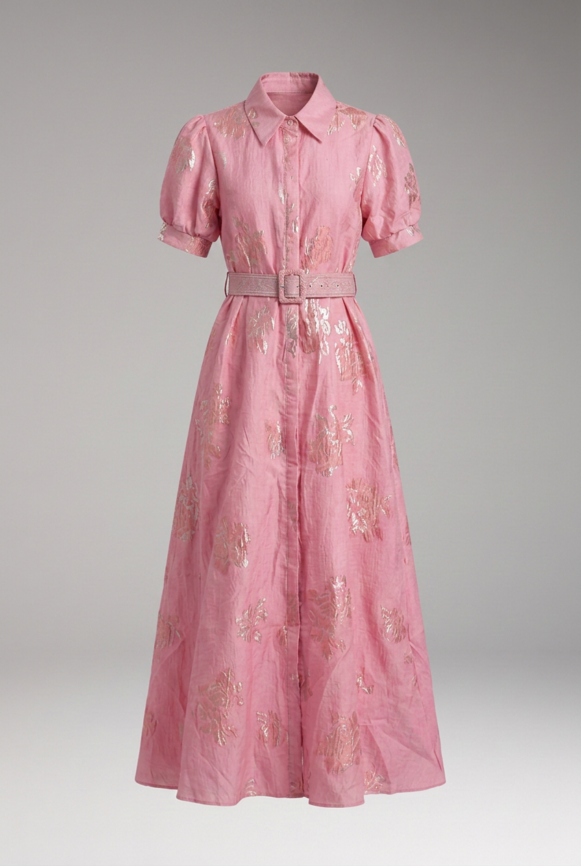 Women’s Dress with Puff Sleeves and Belted Waist