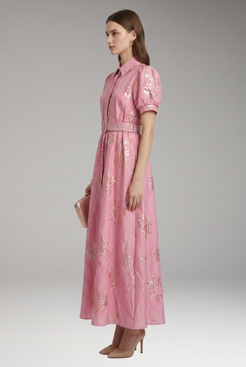 Women’s Dress with Puff Sleeves and Belted Waist