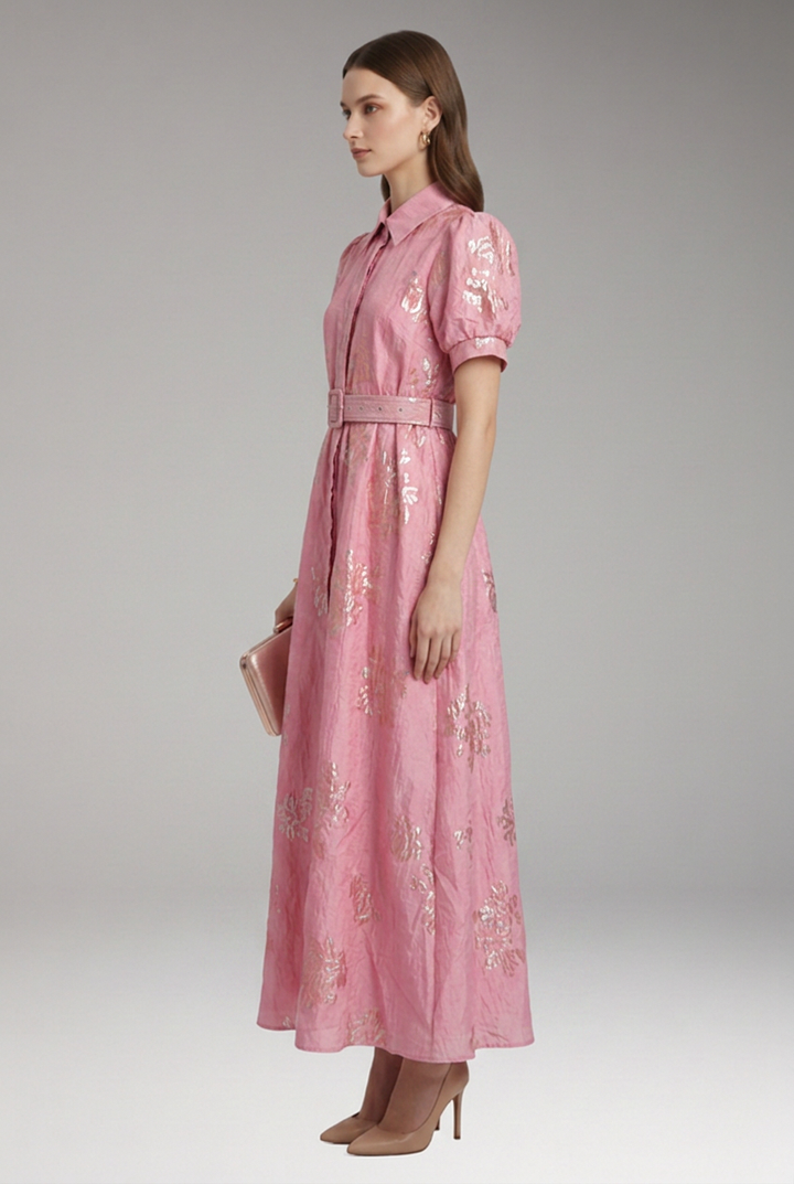 Women’s Dress with Puff Sleeves and Belted Waist