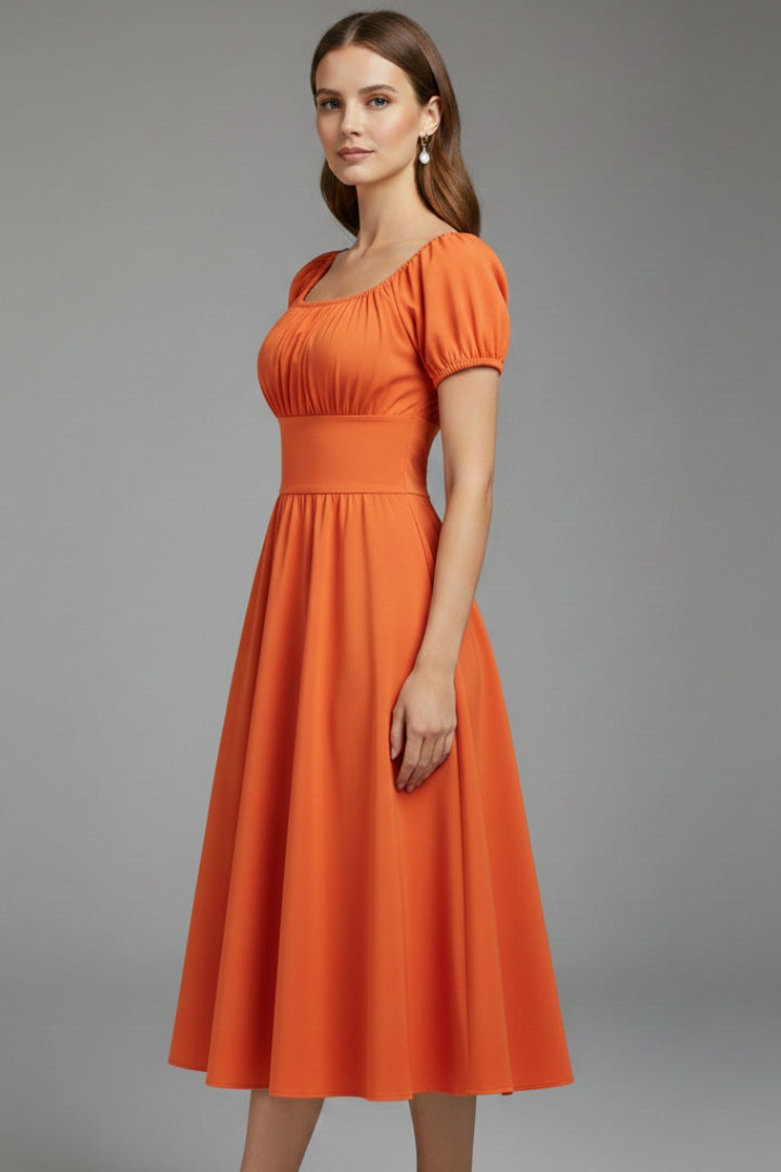 Women's Dress with Puff Sleeves and Waist Shaping