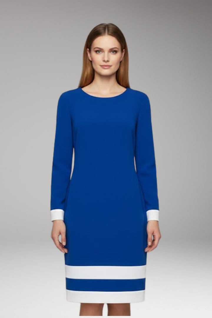 Women's Dress with Round Neck and Contrasting Cuffs and Hem