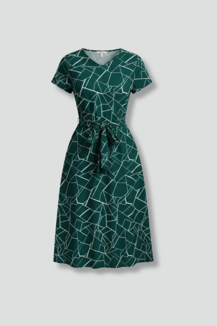 Women's Dress with Round Neck and Waist Tie