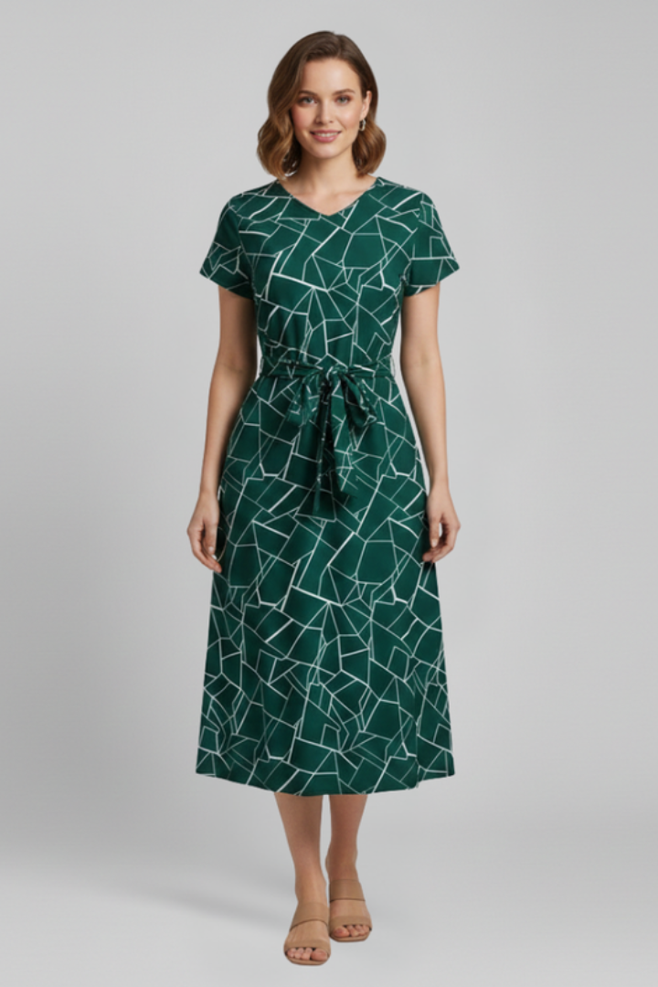 Women's Dress with Round Neck and Waist Tie