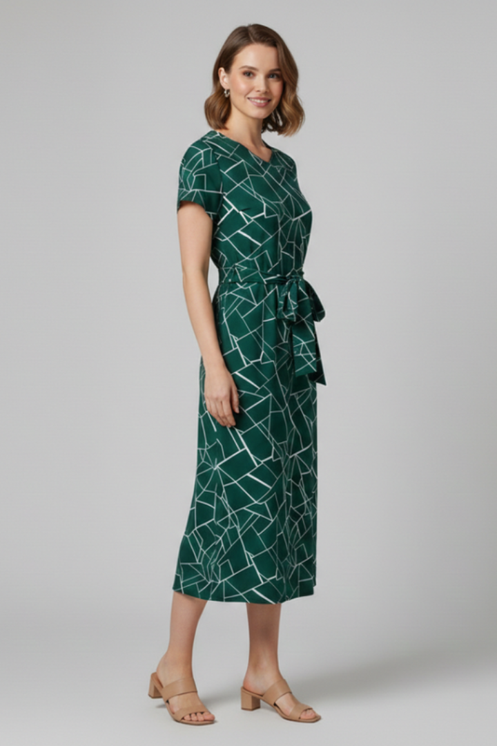 Women's Dress with Round Neck and Waist Tie
