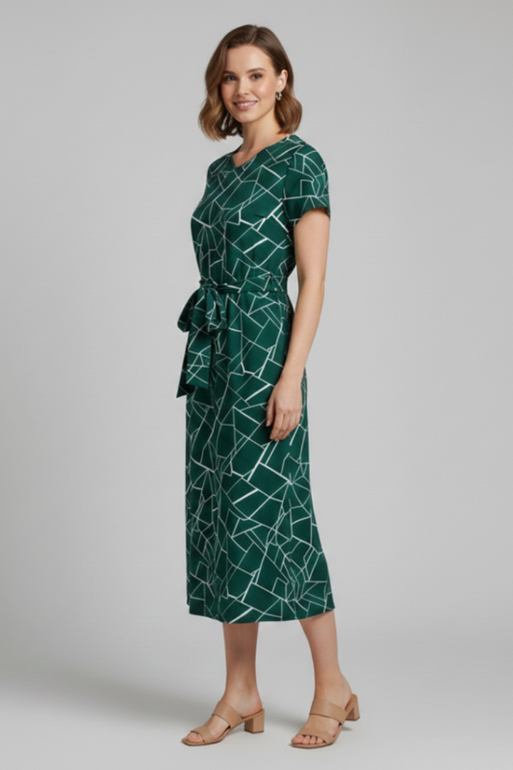 Women's Dress with Round Neck and Waist Tie