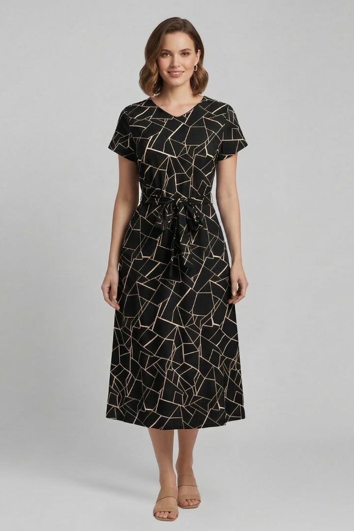 Women's Dress with Round Neck and Waist Tie