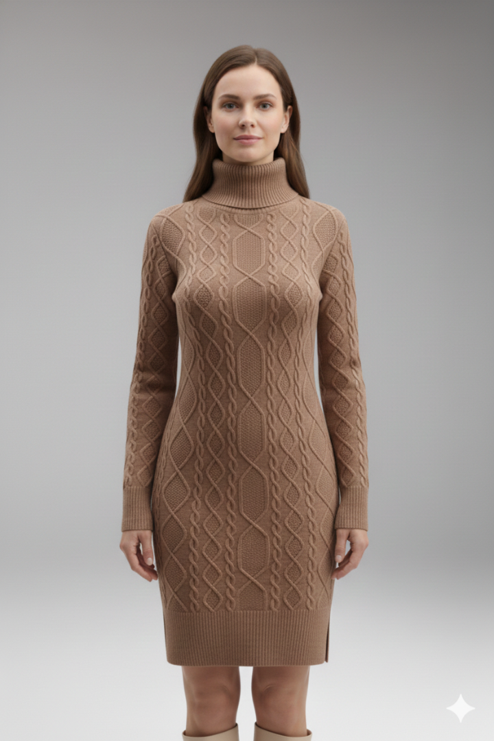 Women's Dress with Turtleneck and Cable Pattern