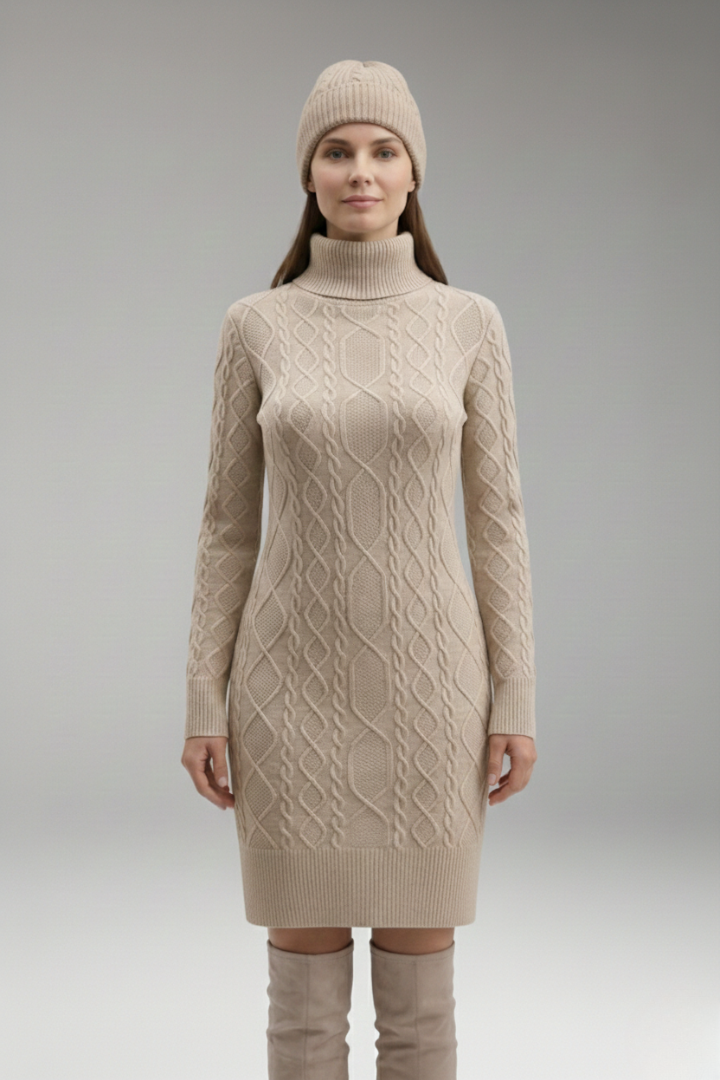 Women's Dress with Turtleneck and Cable Pattern
