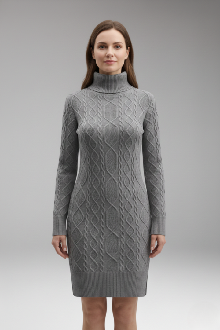 Women's Dress with Turtleneck and Cable Pattern