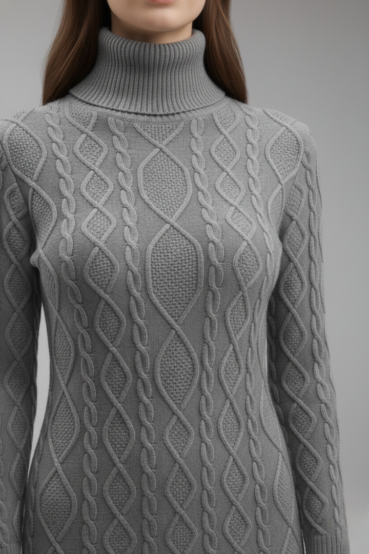 Women's Dress with Turtleneck and Cable Pattern