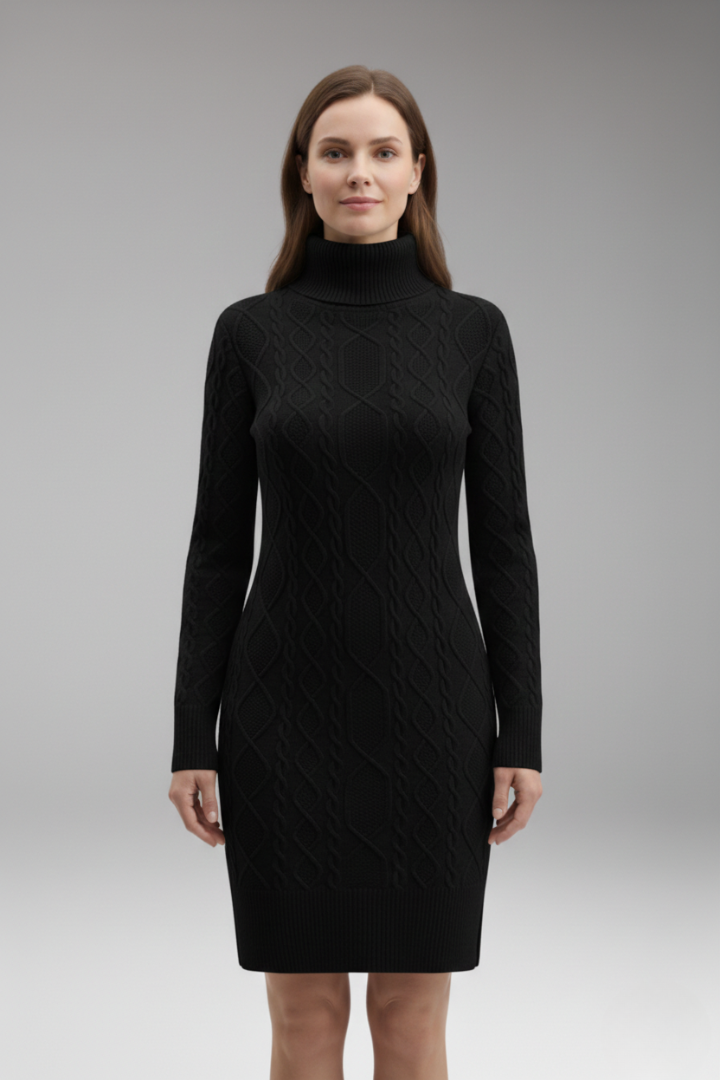Women's Dress with Turtleneck and Cable Pattern