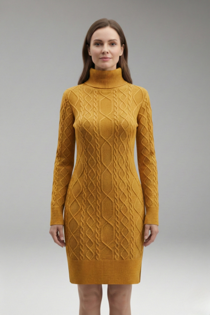 Women's Dress with Turtleneck and Cable Pattern