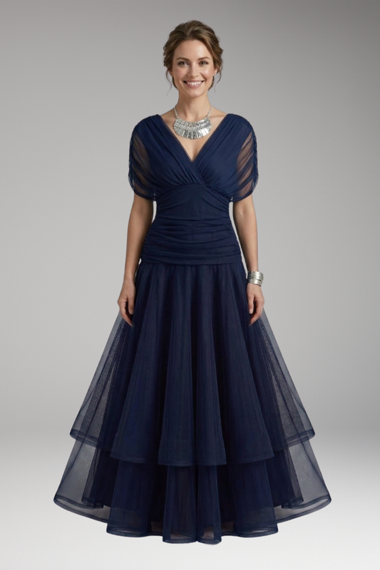 Women's Dress with V-Neckline and Pleated Waist